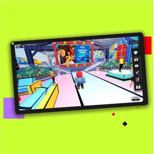 A metaverse environment with virtual product placement and avatars interacting.